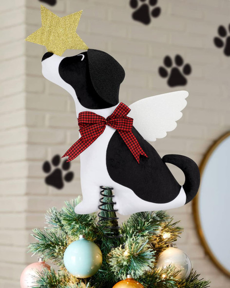Dog Christmas Tree Topper with Glitter Star & Wings Xmas Tree Ornament Black and White Puppy Winter Holidays Home Decoration Puppy Wreath Attachment Festive Ideas Supplies
