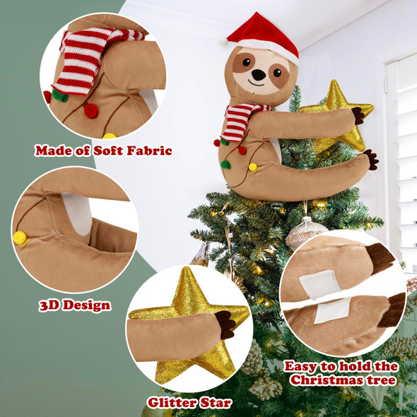 CiyvoLyeen Sloth Christmas Tree Topper with Glitter Star Sloth Xmas Home Decoration Funny Sloth Animal Ornament for Christmas Tree Winter Holiday Table Centerpiece Wreath Attachment Sloth Lovers