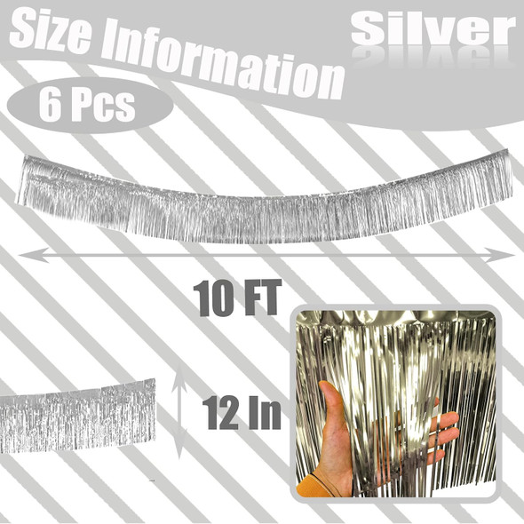 6 Pack 10 Feet Silver Foil Fringe Garland Metallic Tinsel Streamers Banner Wall Hanging Curtain Backdrop Banner for Parade Floats, Valentine's Day, Wedding, Birthday, Mardi Gras Party Decorations