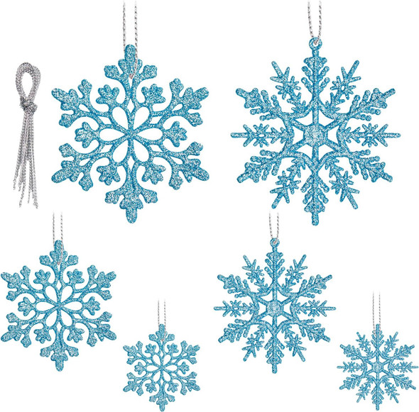 36 Pack Blue Snowflake Ornaments, Christmas Tree Decorations, Plastic Glitter Hanging Snow Flakes for Indoor Winter Christmas Tree Wonderland Decor