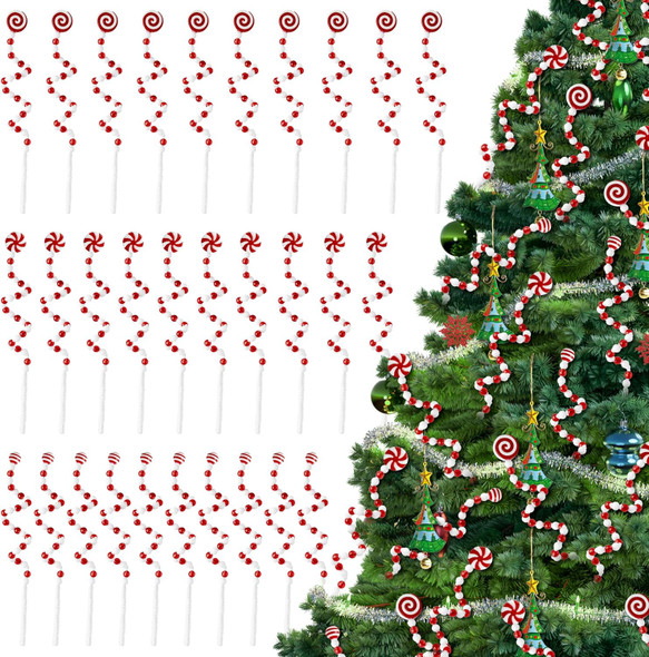 CNhoqc 30pcs Christmas Candy Curly Picks, Red & White Candy Picks Vase Filler Christmas Tree Decor, Christmas Lollipop Candy Shape Ornaments for Wreath DIY Craft Christmas Tree Topper
