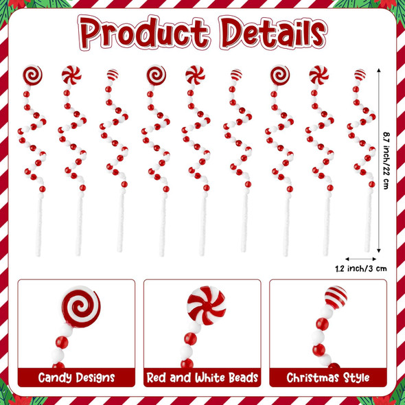 CNhoqc 30pcs Christmas Candy Curly Picks, Red & White Candy Picks Vase Filler Christmas Tree Decor, Christmas Lollipop Candy Shape Ornaments for Wreath DIY Craft Christmas Tree Topper