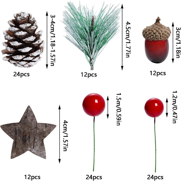 108pcs Artificial Pine Cones Pine Branch Set, Fake Natural Pinecones Acorns Red Berries Christmas Decor Ornaments for Home Winter Decorations (108, Multicolor)