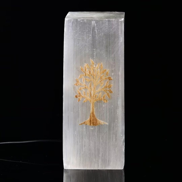 CNYANFEI 8” White Selenite Lamp with Tree of Life Etched Square Satin Spar Crystal Light for Table Decor