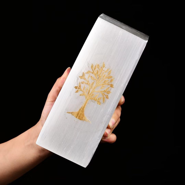 CNYANFEI 8” White Selenite Lamp with Tree of Life Etched Square Satin Spar Crystal Light for Table Decor