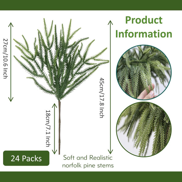 24 Pcs Christmas Norfolk Pine Stems,Real Touch Norfolk Pine Artificial Christmas Branches DIY Crafts Faux Christmas Norfolk Pine Branches for Xmas Indoor Outdoor Home Decor