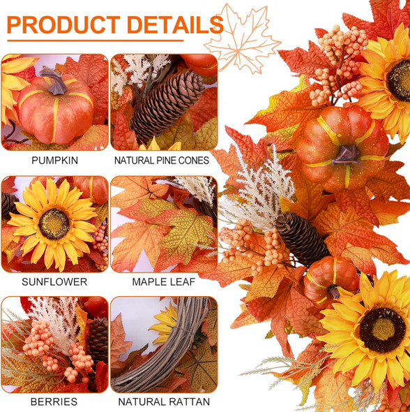 Consevisen Fall Wreaths for Front Door, 22 Inch Artificial Sunflowers Pumpkin Wreath with Maple Leaves Berries Pine Cones Autumn Wreath for Thanksgiving Farmhouse Harvest Halloween Porch Home Decor