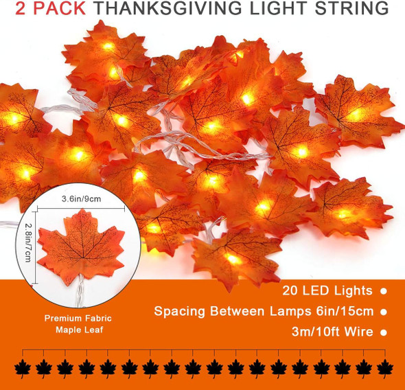 Coolrunner 2 Pack 10FT/20LED Maple Leaves String Light, Fall Garland Lights with Remote Control, Waterproof Battery Operated with 8 Modes for Home Indoor Outdoor Garden Party Decoration Thanksgiving C