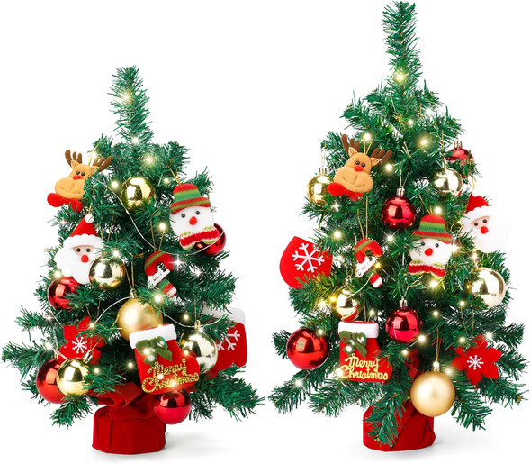 Mini Christmas Tree Set of 2, Tabletop Artificial Christmas Tree with Lights, Felt Ornaments, Ornament Balls, Desk Small Xmas Tree for Christmas Decorations, Including 4xAA Batteries