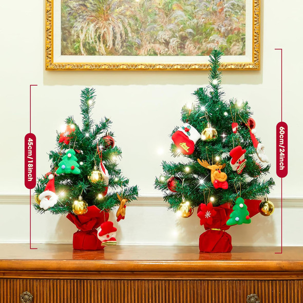 Mini Christmas Tree Set of 2, Tabletop Artificial Christmas Tree with Lights, Felt Ornaments, Ornament Balls, Desk Small Xmas Tree for Christmas Decorations, Including 4xAA Batteries