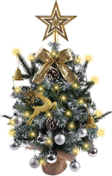 Artificial Mini Christmas Tree with LED Lights, 21 Inch Table Top Christmas Tree with Pine Cones, Silver Balls, and Gold Fawn for Holiday and Christmas Decoration