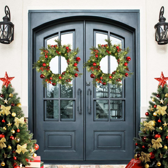 Christmas Wreath for Front Door Wreath, 22 Inch Christmas Door Wreath with Red Balls and Berries for Outdoor Front Door, Wall and Window Decor