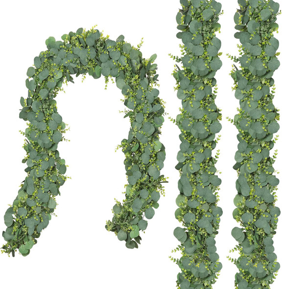 CQURE 3Pcs Eucalyptus Garland,Artificial Eucalyptus Leaves Table Greenery Garland Wreath Vines for Wedding Party Table Fireplace Bedroom Wall Room Decor