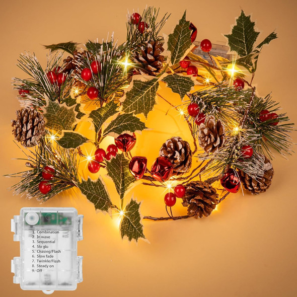 Crafare 6FT Christmas Garland Pine Cones String Lights with 20 LED Red Berry Pine Cone Garland Lights, led Garland String Lights for Christmas Home Decorations