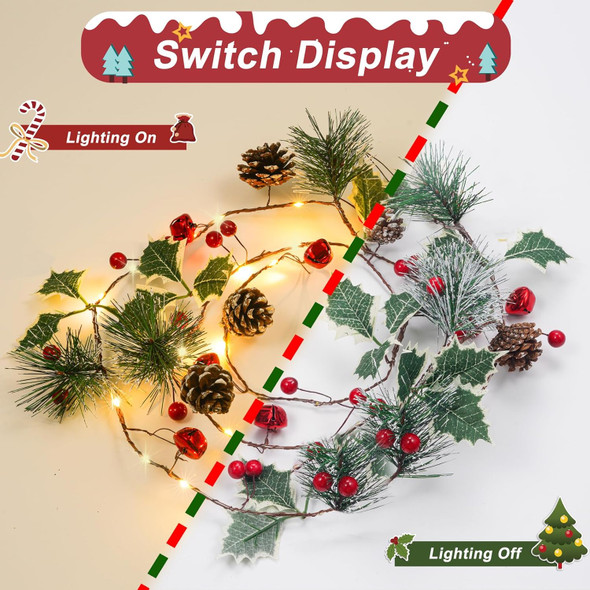 Crafare 6FT Christmas Garland Pine Cones String Lights with 20 LED Red Berry Pine Cone Garland Lights, led Garland String Lights for Christmas Home Decorations