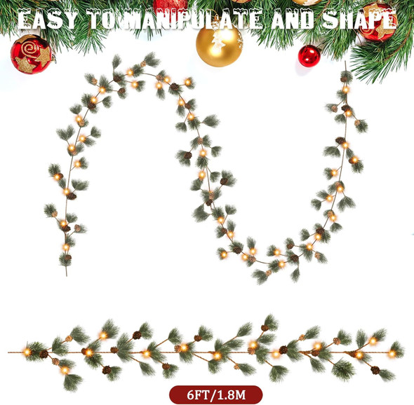 3 Pcs 6 ft Christmas Garland with Lights Prelit Smokey Pine Garland Lighted Christmas Garland 60 LED Battery Operated for Indoor Outdoor Xmas Tree Bedroom Stairs Fireplace Party Holiday