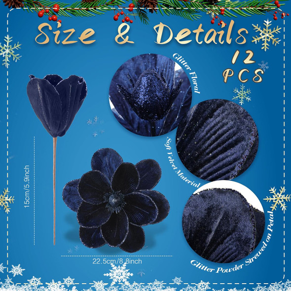 12 Pcs Christmas Velvet Poinsettia Burgundy Magnolia Flowers Ornaments Glitter Large Heads Artificial Magnolia Flowers for Christmas Tree Decorations Wedding Decor Supplies (Dark Blue)