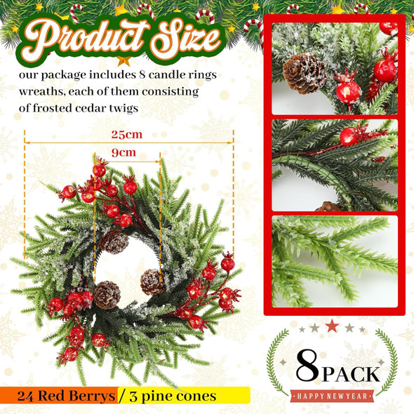 8 Pcs Christmas Candle Rings Artificial Berries Pine Cone Candle Ring 10 Inch Wreaths Rustic Christmas Candle Holder Rings for Pillar Table Centerpiece Decoration Wedding Holiday