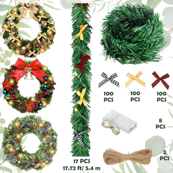 301ft Christmas Garland 17 Artificial Garland Soft Greenery Garland 300 Buffalo Bows and 8 LED Lights with 2 Rope Green Prelit Garland for Xmas Mantel Stair Fireplace Decor