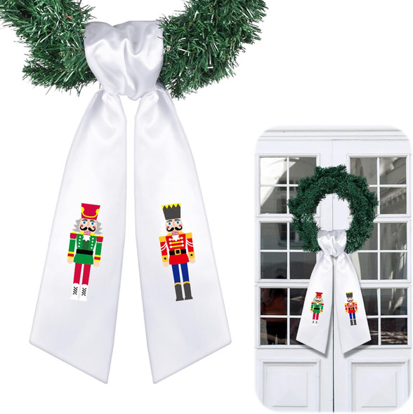 Wreath Sash for Front Door Wreath Satin Sash for Wreath Embroidery Monogram Wreath Sash Accessories Xmas Party Yard Doorway Indoor Outdoor Wall(Red, White,Nutcracker)