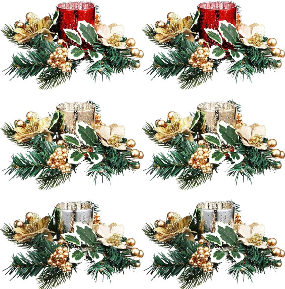 Set of 12 Christmas Votive Candle Holders with Berry Candle Rings, 6 Glass Votive Tealight Holders with 6 Christmas Candle Rings for Christmas Centerpiece Table Decor(Gold,Trendy)
