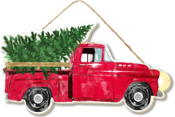 10" Wood Vintage Red Truck with Christmas Trees- Christmas Decor - Vintage Red Truck Wall or Door Hanger