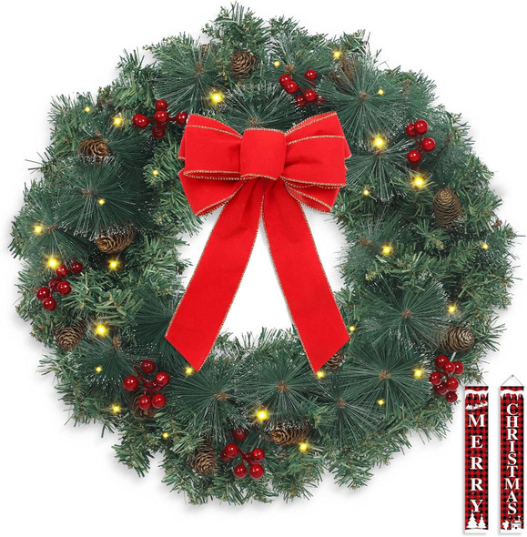 Outdoor Christmas Wreath for Front Door, Christmas Wreaths 20in Indoor Christmas Wreath, PVC Tips, Bow Ribbon, Christmas Door Banner