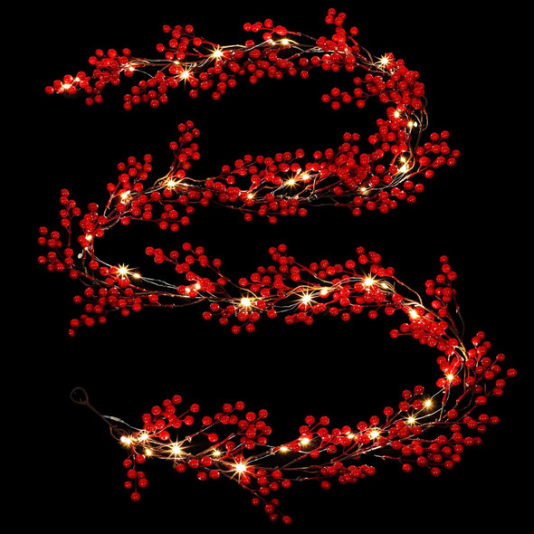 Crowye 1 Pcs 9 Ft Pre Lit Red Berry Christmas Garland with Lights Pip Berry Garland Battery Operated Vine Lights Xmas String Lights Christmas Lighted Garland Decor for Home Mantle Party Decoration