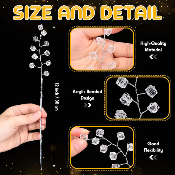 Crowye 50 Pcs Crystal Artificial Flowers Bouquet 12 Inch Acrylic Beaded Branches Stems Bridal Bouquet Picks DIY Crafts Christmas Decorations for Home Wedding Party Decor(Clear)