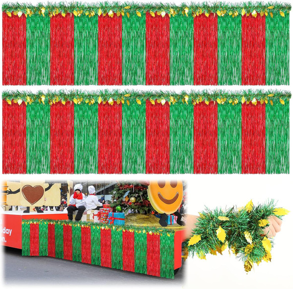 Crowye 10 Pcs Large Christmas Parade Float Decorations with Foil Fringe Garland Set Include 9.02 x 2.46 ft Red Green with Gold Table Skirts 6.56 x 0.3 ft Tinsel Garland for Christmas Party Car