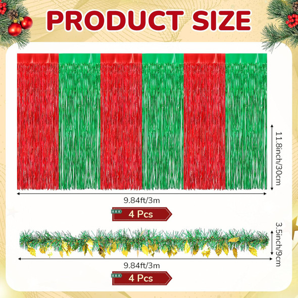 Crowye 10 Pcs Large Christmas Parade Float Decorations with Foil Fringe Garland Set Include 9.02 x 2.46 ft Red Green with Gold Table Skirts 6.56 x 0.3 ft Tinsel Garland for Christmas Party Car