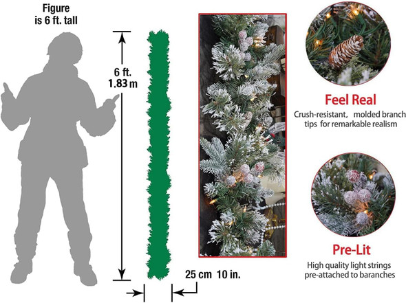 Pre-Lit Artificial Christmas Garland, Snowy Garland, White Lights 50, Decorated with Pine Cones, Berry Clusters,Pine Needle,Plug in, Christmas Decorations, 6 Feet