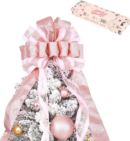 Christmas Tree Topper Bow with Streamers,48x13 Inches Large Toppers Bow for Xmas Home Decor,Rose Gold Polyester Decorative Bow for Christmas Decoration (Rose Gold)