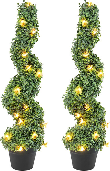 36 in Artificial Boxwood Spiral Topiary Trees 2Pcs Beautiful Realistic Spiral Artificial Trees with Pot Base, UV Protection for Longer Life, Halloween Decorations/Christmas Lights
