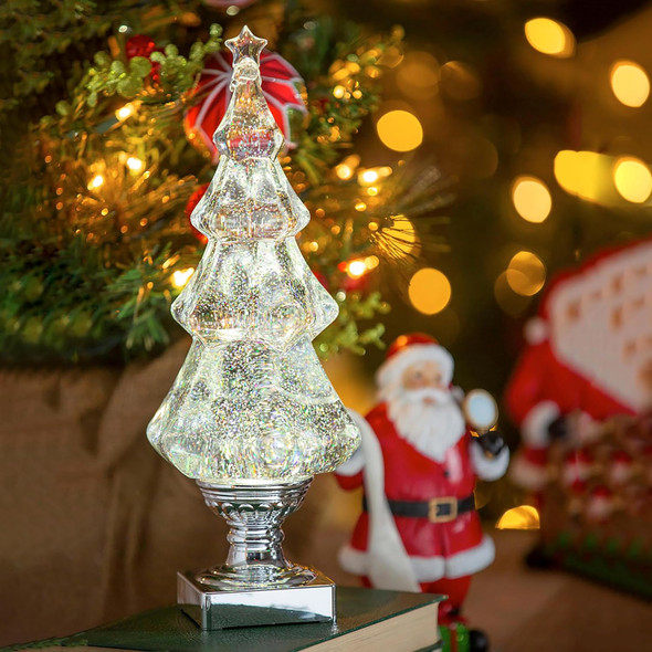 Beautiful LED Light Liquid Motion Glitter Christmas Tree 14 Inches Tall Premium Ornament Water Globe Battery Operated Tabletop Sparkling Silver for Holiday Home and Office Décor