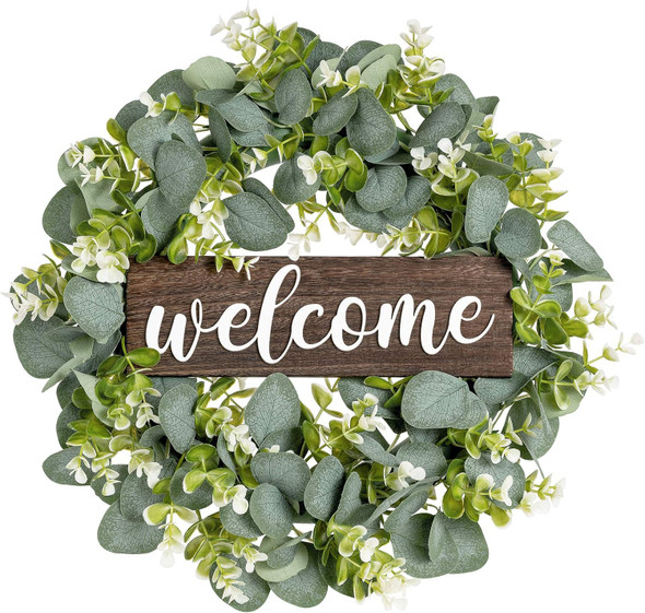 Dahey Welcome Sign Wreath for Front Door 16'' Rustic Round Hanging Door Decor Outdoor Indoor Home Porch Farmhouse Decoration Green Eucalyptus for Christmas Winter Spring Holiday Housewarming