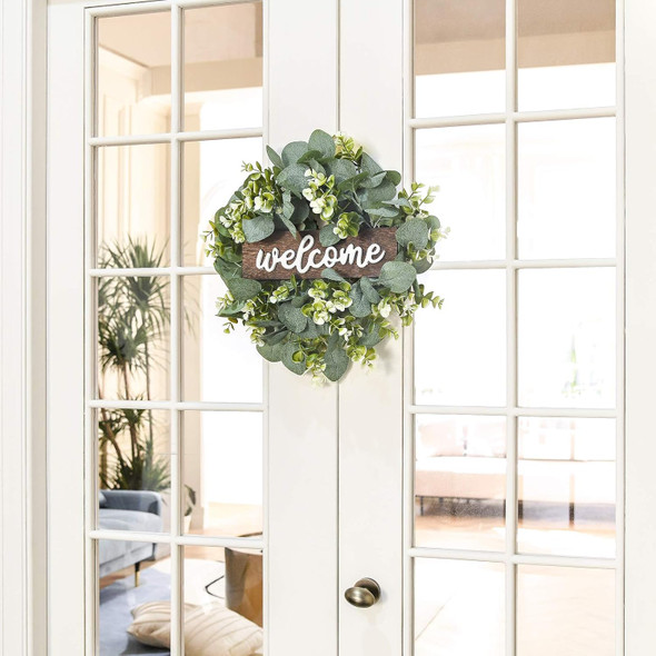 Dahey Welcome Sign Wreath for Front Door 16'' Rustic Round Hanging Door Decor Outdoor Indoor Home Porch Farmhouse Decoration Green Eucalyptus for Christmas Winter Spring Holiday Housewarming