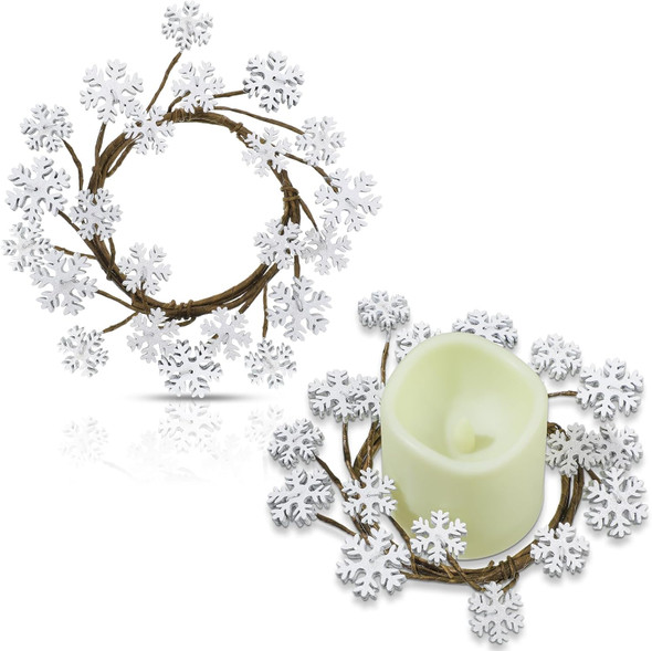 2 Pcs Christmas Candle Rings Snowflake Candle Wreath Glitter Vintage Wood Candle Wreaths for Pillar Candles 3.9 Inch Frosty Candles Holder for Christmas Winter Rustic Table Centerpiece Decor