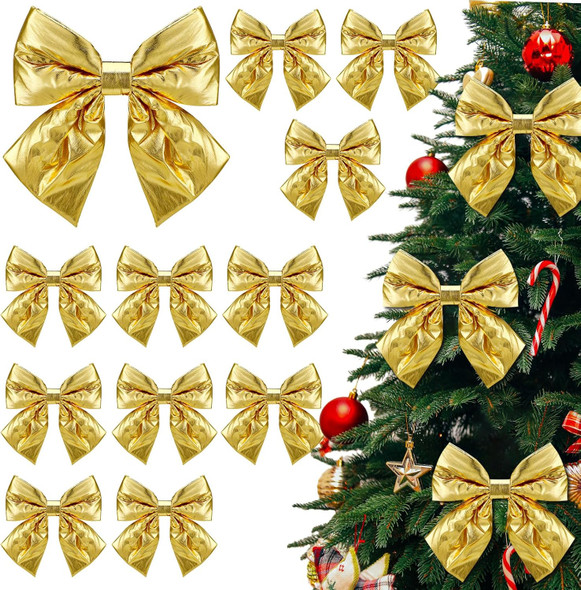 12 Pcs 10 x 8 in Christmas Metallic Foil Fabric Bows Gold Christmas Tree Bow Shiny Large Xmas Decorative Bows for Christmas Tree Wreath Garland Chair Holiday Ornament Decoration