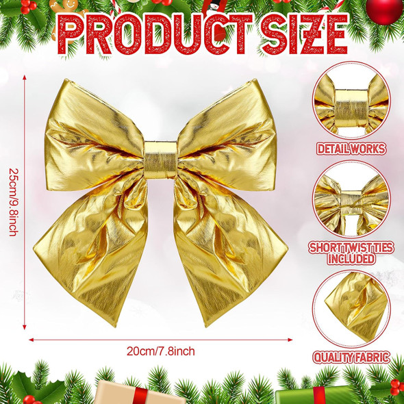 12 Pcs 10 x 8 in Christmas Metallic Foil Fabric Bows Gold Christmas Tree Bow Shiny Large Xmas Decorative Bows for Christmas Tree Wreath Garland Chair Holiday Ornament Decoration