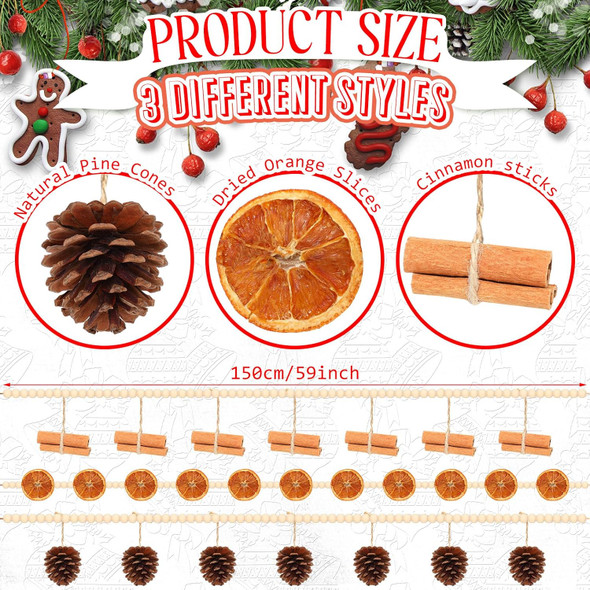 3 Pcs 15 ft Christmas Garland Dried Orange Slice Wooden Bead Garland Pine Cones Cinnamon Sticks Garland for Xmas Tree Ornaments Decoration Fireplace DIY Crafts Home Indoor Mantle Vase Fillers