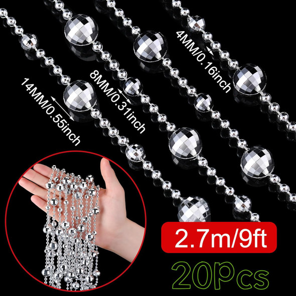180 ft Christmas Beaded Garland Shiny Beads Strand for Christmas Tree Beaded Christmas Tree Garland Silver String Beads for Xmas Decorations DIY Ornaments Fireplace Wedding Party