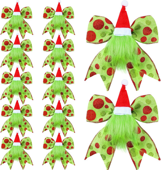 12 Pcs Red Green Christmas Bows Decoration 6 Inch Large Christmas Tree Wreath Bows with Santa Hat and Gnome Polka Dot Bows Ribbons Bows Glitter Bows for Xmas DIY Crafts Party Ornaments