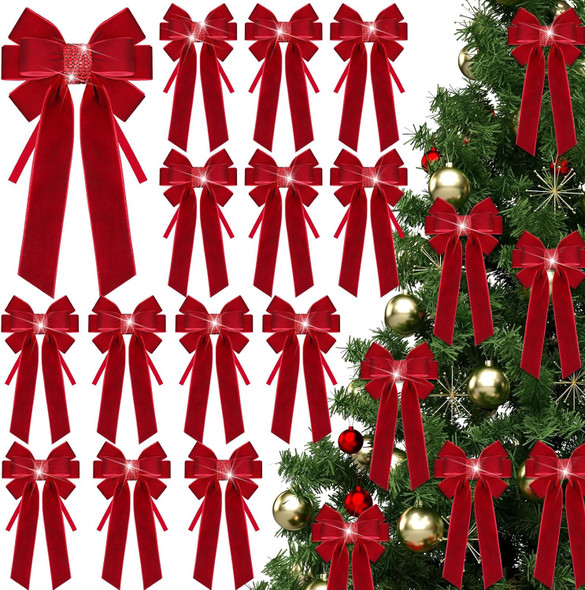 15 Sets Christmas Velvet Bows for Tree 6.7'' x 3.9'' Christmas Wreath Bows with Rhinestone DIY Christmas Tree Topper Bow Ornaments for Xmas Holiday Party Decoration Wrapping(Red)