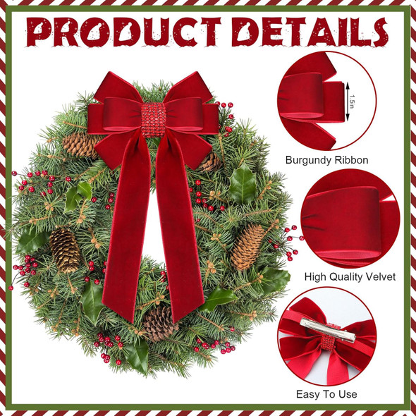 15 Sets Christmas Velvet Bows for Tree 6.7'' x 3.9'' Christmas Wreath Bows with Rhinestone DIY Christmas Tree Topper Bow Ornaments for Xmas Holiday Party Decoration Wrapping(Red)