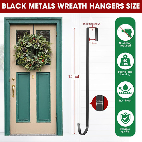 Wreath Door Hanger 4 Pack, Garland Wreath Hangers for Front Door, Outdoor Tall Wreath Hook for front door decorative,Wreath Hanger Halloween Christmas Reef Fall Wreaths Decorations Hook，Black