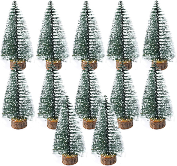 12pcs 4inch Mini Christmas Tree Bottle Brush Chrismas Village Trees Miniature Chrismas Tree Decoration-Plastic Christmas Trees with Wooden Base