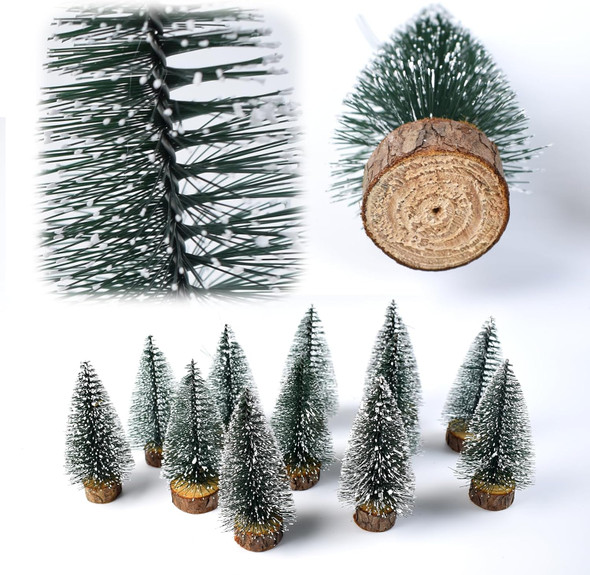 12pcs 4inch Mini Christmas Tree Bottle Brush Chrismas Village Trees Miniature Chrismas Tree Decoration-Plastic Christmas Trees with Wooden Base