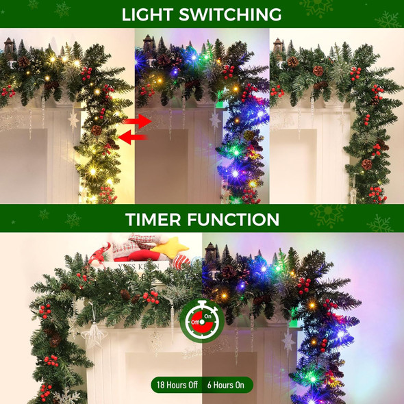 Christmas Garland 9FT Multicolored or Warm Light, Christmas Garland Battery Powered, 8 Lighting Modes 50 LED Lights, Red Berry Christmas Pine Cone Indoor Outdoor Christmas Decor