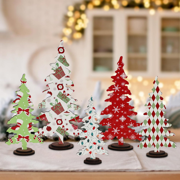 DAZONGE Christmas Decorations - 5PCS Wooden Christmas Tree Tabletop Decor Sign - Rustic Decorative standing Christmas Tree Centerpiece for Home Shelf Mantel